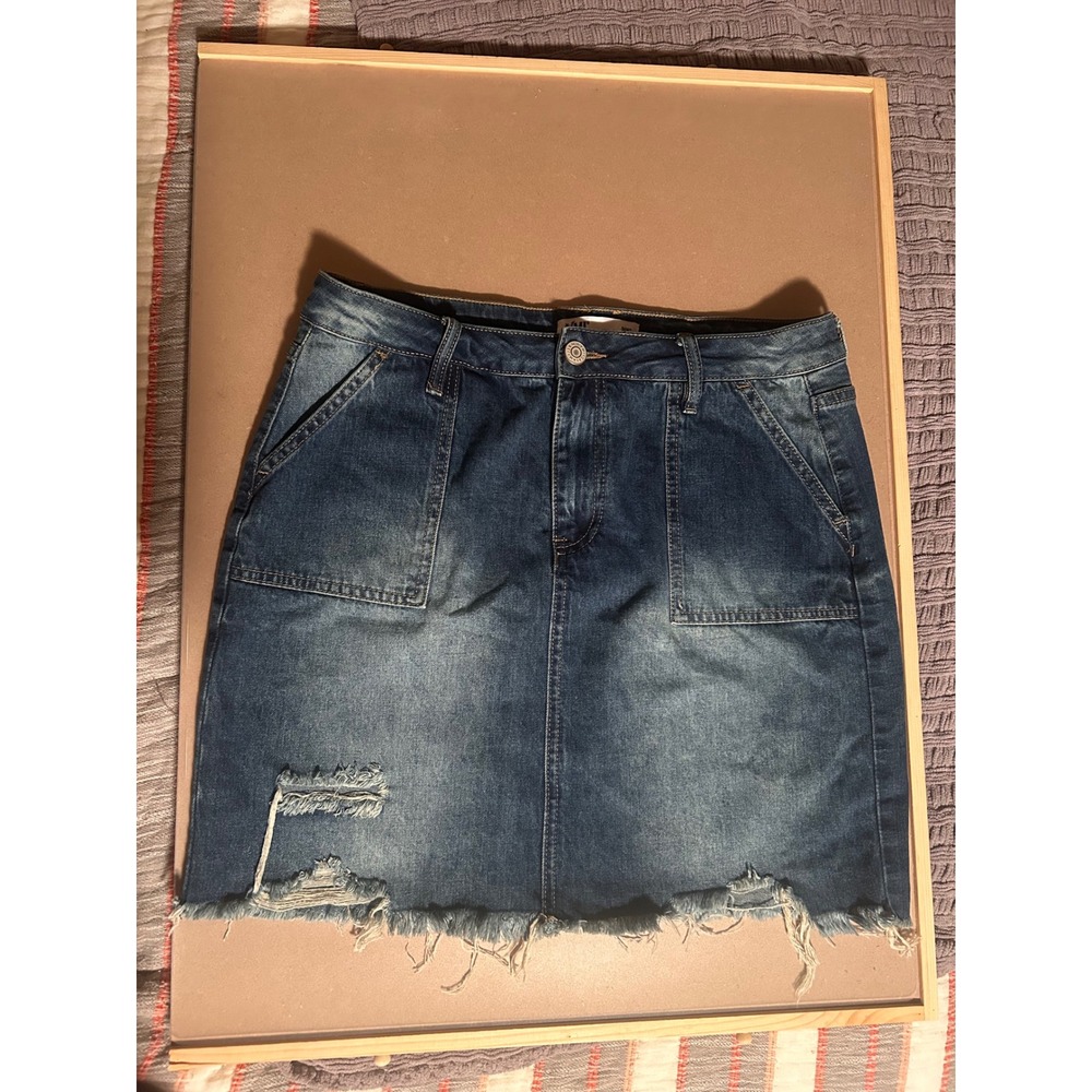 YMI Dream Fit Blue Cotton Denim Skirt Distressed Raw Hem Midi Skirt Size 13/31